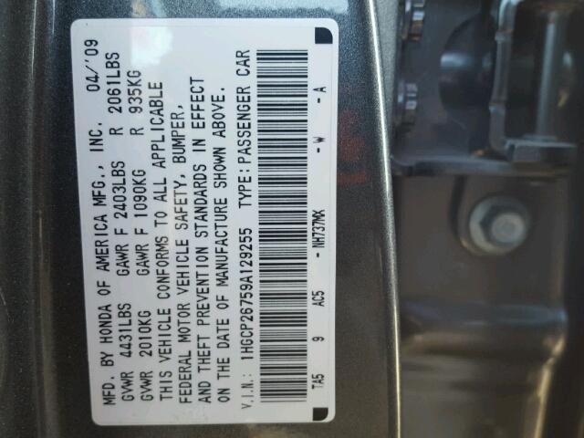 1HGCP26759A129255 - 2009 HONDA ACCORD EX GRAY photo 10