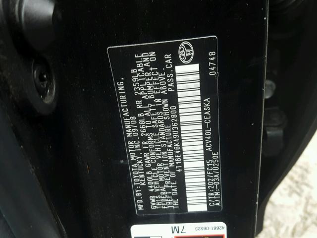 4T1BE46K49U362800 - 2009 TOYOTA CAMRY BASE BLACK photo 10