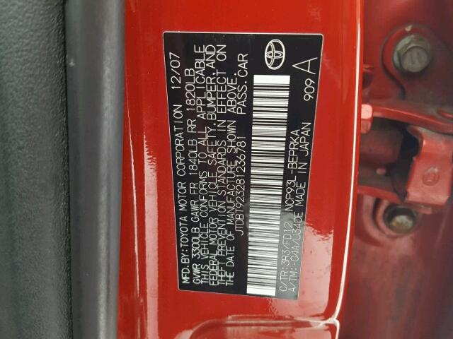 JTDBT923281236781 - 2008 TOYOTA YARIS RED photo 10