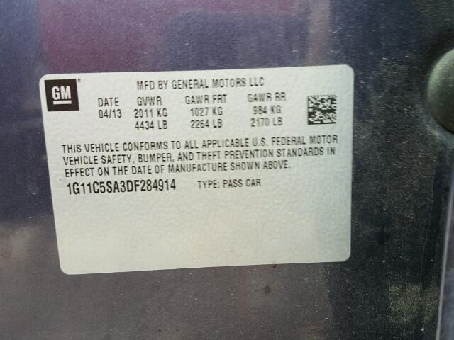 1G11C5SA3DF284914 - 2013 CHEVROLET MALIBU 1LT ლურჯი ფოტო 10