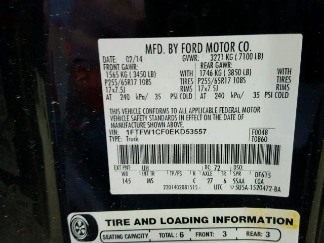 1FTFW1CF0EKD53557 - 2014 FORD F150 SUPER BLACK photo 10