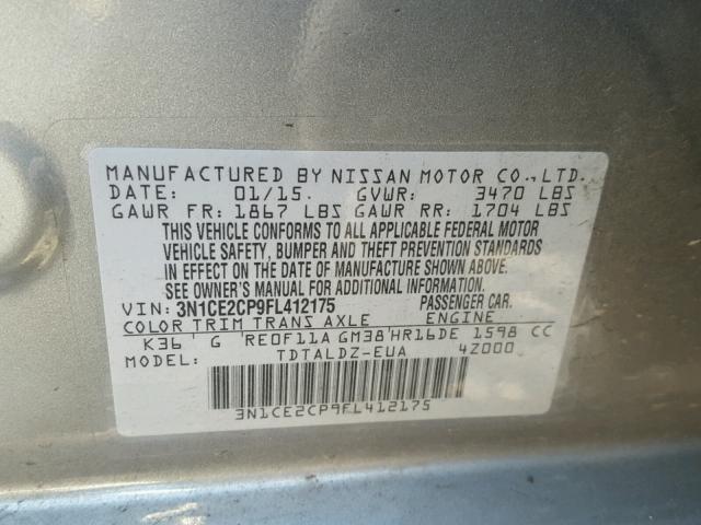 3N1CE2CP9FL412175 - 2015 NISSAN VERSA NOTE GRAY photo 10