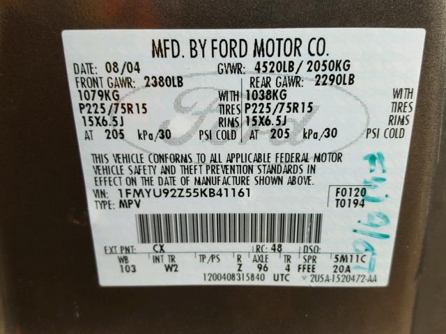 1FMYU92Z55KB41161 - 2005 FORD ESCAPE XLS BROWN photo 10