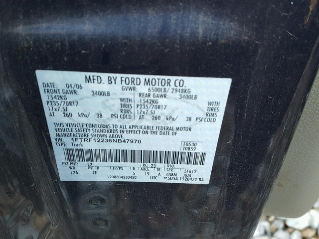 1FTRF12236NB47970 - 2006 FORD F150 BLUE photo 10