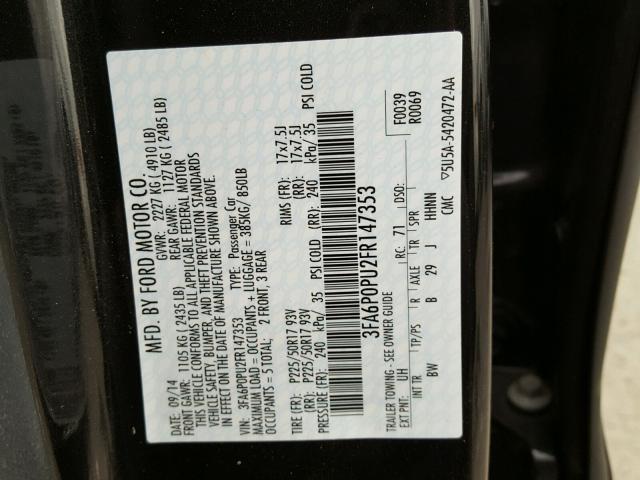 3FA6P0PU2FR147353 - 2015 FORD FUSION SE BLACK photo 10