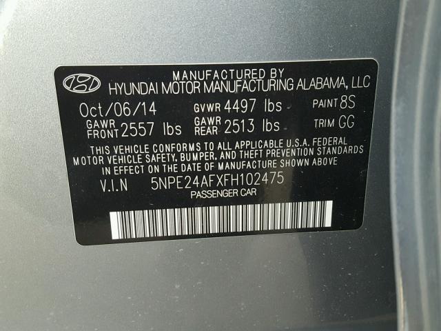 5NPE24AFXFH102475 - 2015 HYUNDAI SONATA SE GRAY photo 10