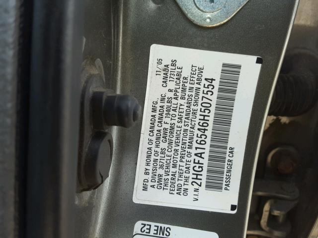 2HGFA16546H507554 - 2006 HONDA CIVIC LX GRAY photo 10