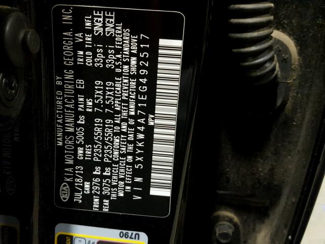 5XYKW4A71EG492517 - 2014 KIA SORENTO SX BLACK photo 10