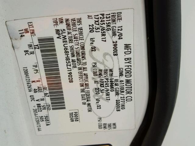 5LMEU68H85ZJ19028 - 2005 LINCOLN AVIATOR 白色 照片 10