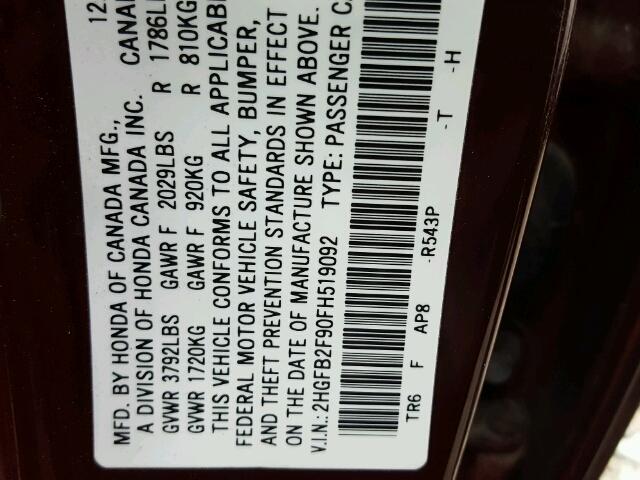 2HGFB2F90FH519092 - 2015 HONDA CIVIC EXL MAROON photo 10