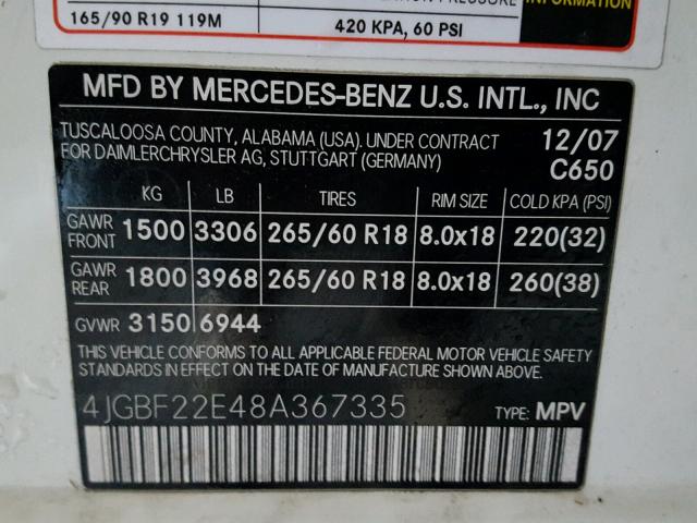 4JGBF22E48A367335 - 2008 MERCEDES-BENZ GL 320 CDI WHITE photo 10