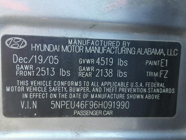 5NPEU46F96H091990 - 2006 HYUNDAI SONATA GLS GRAY photo 10