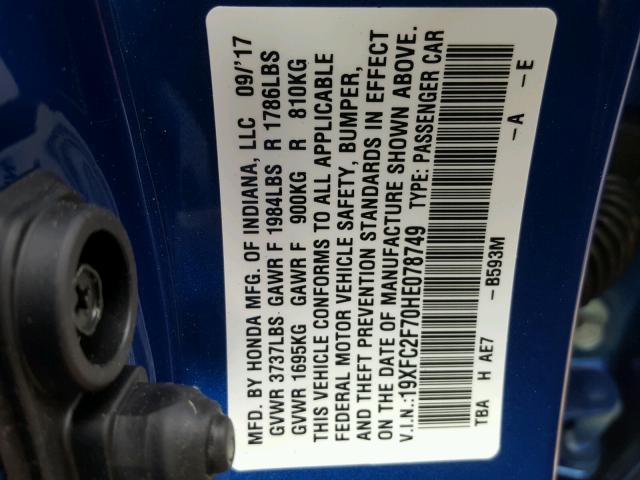 19XFC2F70HE078749 - 2017 HONDA CIVIC EX ლურჯი ფოტო 10