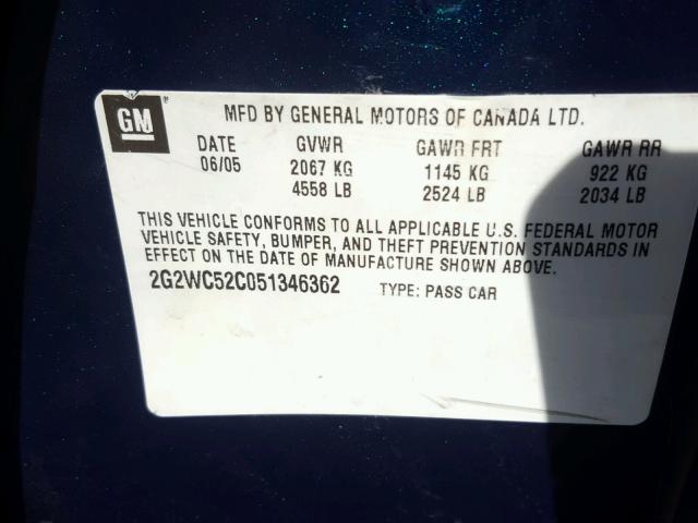 2G2WC52C051346362 - 2005 PONTIAC GRAND PRIX BLUE photo 10