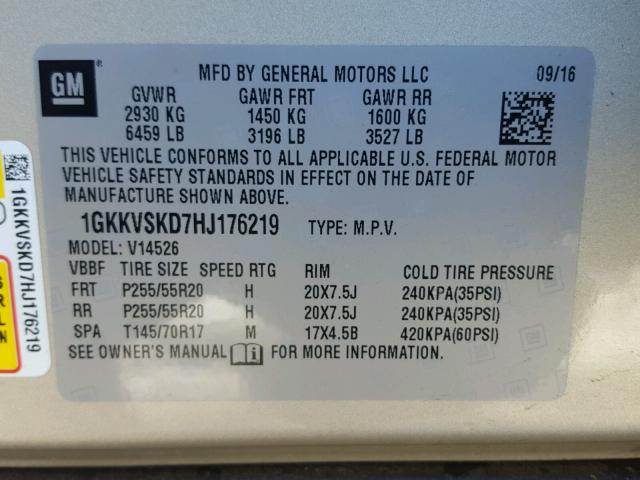 1GKKVSKD7HJ176219 - 2017 GMC ACADIA LIM SILVER photo 10