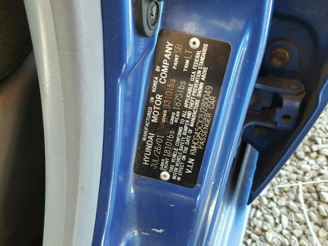 KMHCG45CX2U280049 - 2002 HYUNDAI ACCENT GL BLUE photo 10