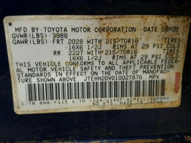 JTEHH20V010027876 - 2001 TOYOTA RAV4 BLUE photo 10