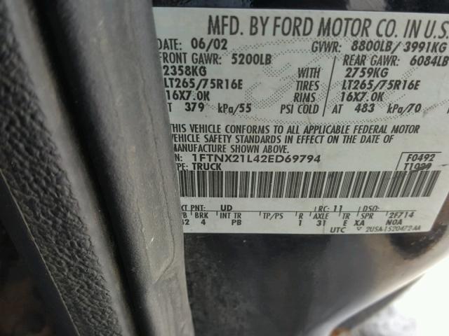 1FTNX21L42ED69794 - 2002 FORD F250 SUPER BLACK photo 10