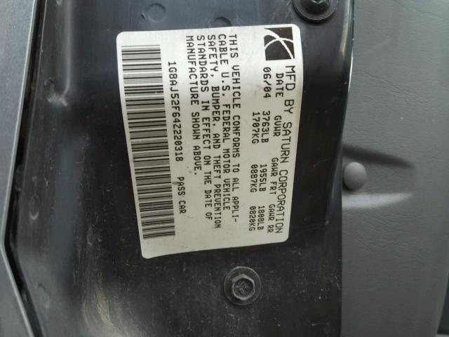 1G8AJ52F64Z157365 - 2004 SATURN ION LEVEL GRAY photo 10