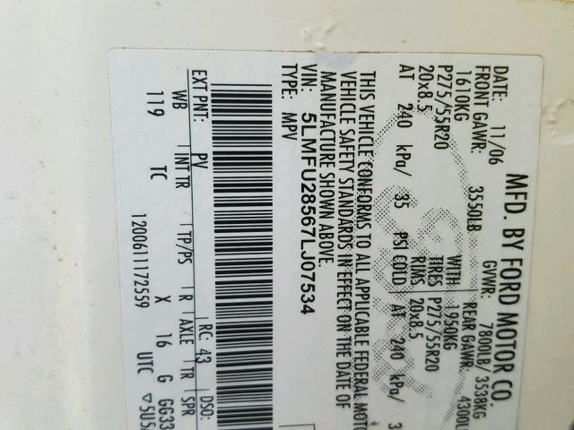 5LMFU28567LJ07534 - 2007 LINCOLN NAVIGATOR WHITE photo 10