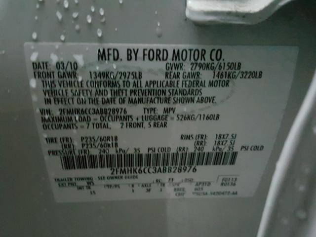 2FMHK6CC3ABB28976 - 2010 FORD FLEX SEL Սպիտակ լուսանկար 10