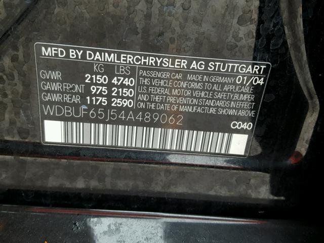 WDBUF65J54A489062 - 2004 MERCEDES-BENZ E 320 BLACK photo 10