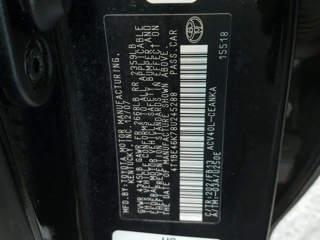 4T1BE46K78U245288 - 2008 TOYOTA CAMRY CE BLACK photo 10