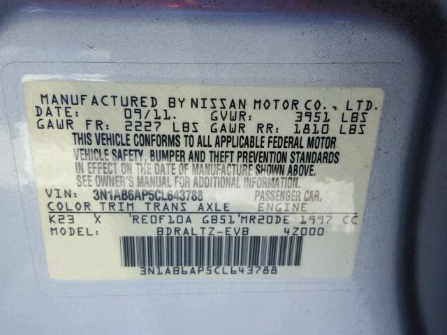 3N1AB6AP5CL643788 - 2012 NISSAN SENTRA 2.0 SILVER photo 10