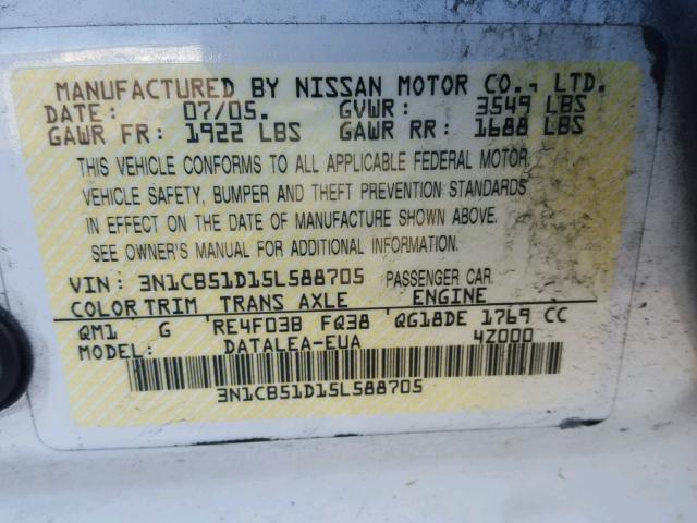 3N1CB51D15L588705 - 2005 NISSAN SENTRA 1.8 WHITE photo 10