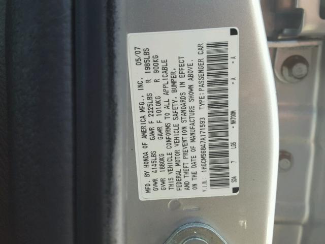 1HGCM56847A171593 - 2007 HONDA ACCORD EX SILVER photo 10