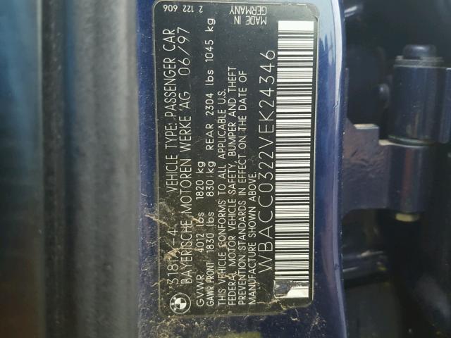 WBACC0322VEK24346 - 1997 BMW 318 I AUTO BLUE photo 10