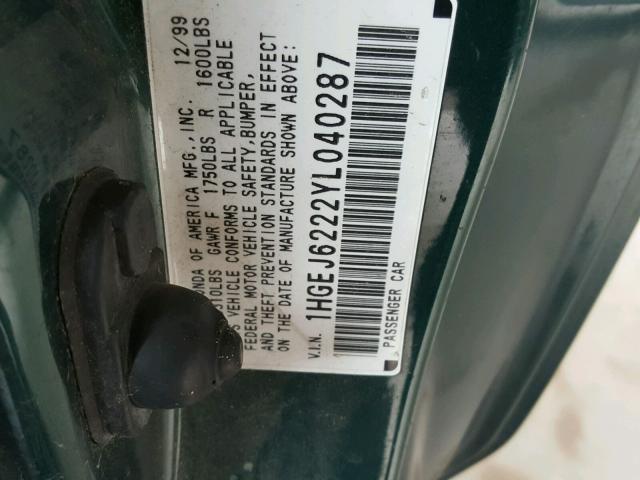 1HGEJ6222YL040287 - 2000 HONDA CIVIC DX GREEN photo 10