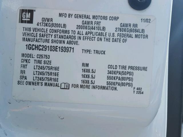 1GCHC29103E193971 - 2003 CHEVROLET SILVERADO WHITE photo 10