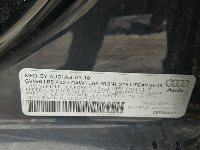 WAUBFAFL4AN056779 - 2010 AUDI A4 PREMIUM BLACK photo 10