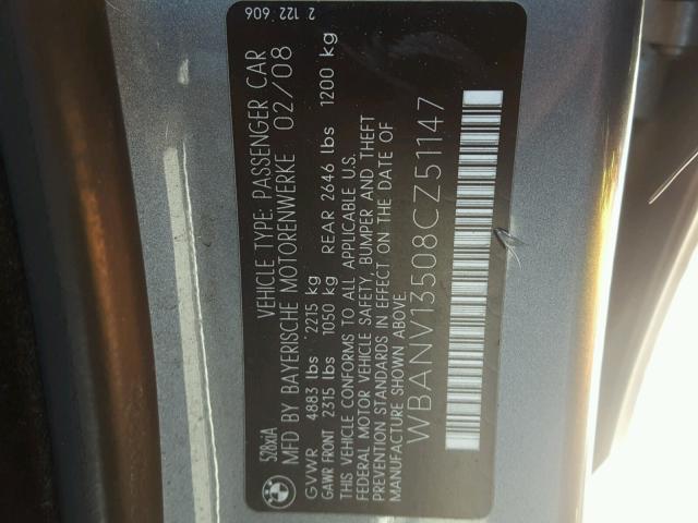 WBANV13508CZ51147 - 2008 BMW 528 XI GRAY photo 10