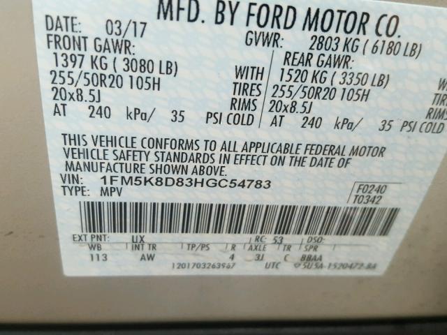 1FM5K8D83HGC54783 - 2017 FORD EXPLORER X SILVER photo 10