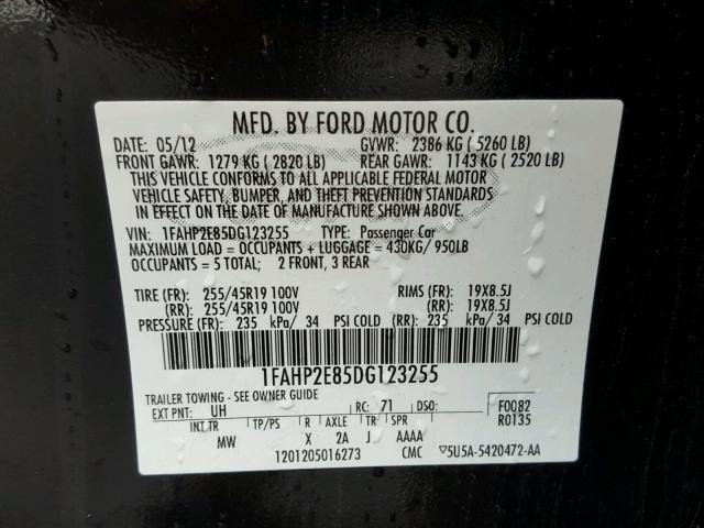 1FAHP2E85DG123255 - 2013 FORD TAURUS SEL BLACK photo 10