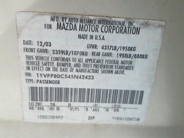 1YVFP80C545N42423 - 2004 MAZDA 6 I SILVER photo 10