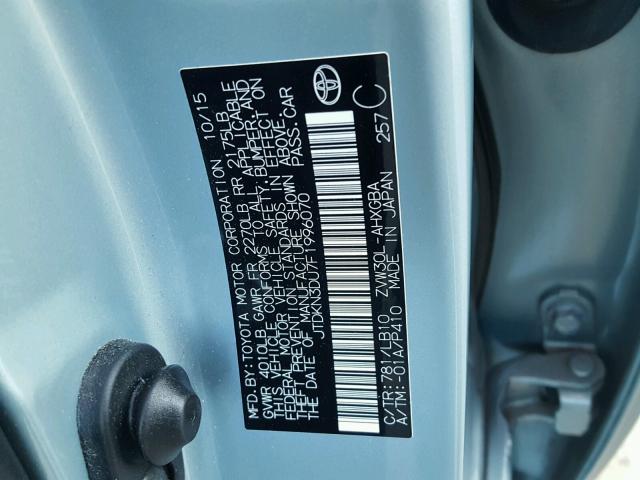 JTDKN3DU7F1996070 - 2015 TOYOTA PRIUS BLUE photo 10