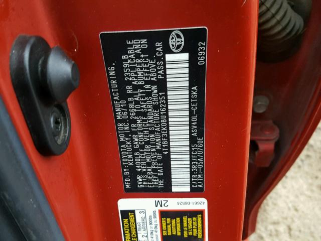 4T1BF3EK0BU162351 - 2011 TOYOTA CAMRY BASE RED photo 10