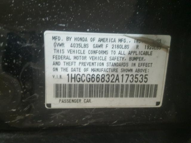 1HGCG66832A173535 - 2002 HONDA ACCORD EX BLACK photo 10