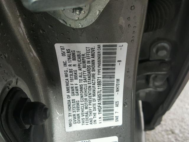 1HGFA16857L118971 - 2007 HONDA CIVIC EX GRAY photo 10