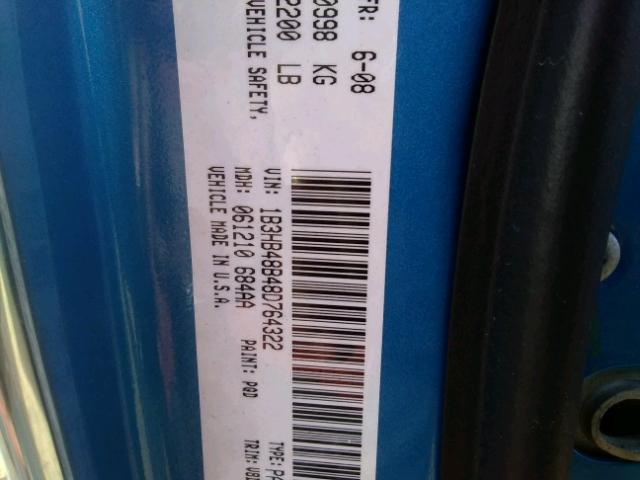 1B3HB48B48D764322 - 2008 DODGE CALIBER SX BLUE photo 10