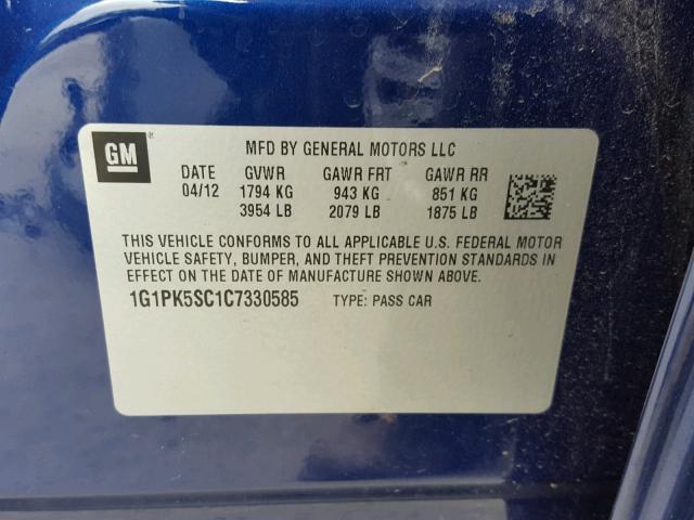 1G1PK5SC1C7330585 - 2012 CHEVROLET CRUZE ECO BLUE photo 10