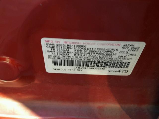 JA4LZ31F14U035842 - 2004 MITSUBISHI OUTLANDER RED photo 10