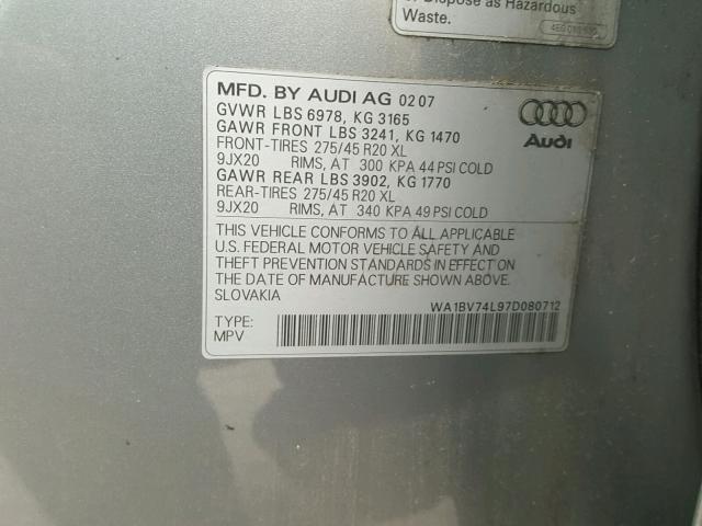 WA1BV74L97D080712 - 2007 AUDI Q7 4.2 QUA GRAY photo 10