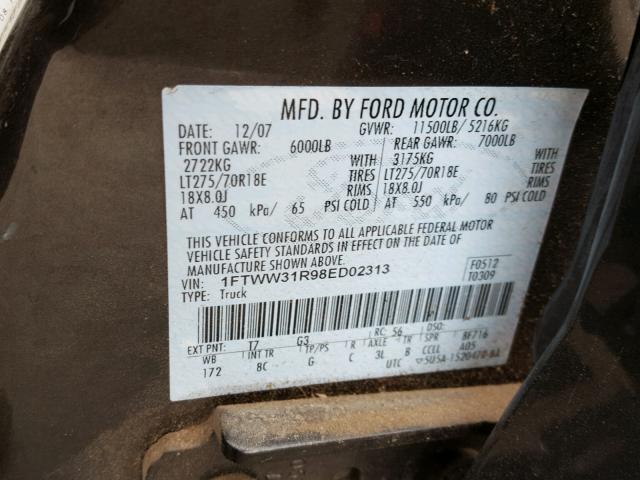 1FTWW31R98ED02313 - 2008 FORD F350 SRW S BLACK photo 10