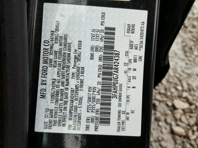 3FAHP0JG7AR424387 - 2010 FORD FUSION SEL BLACK photo 10