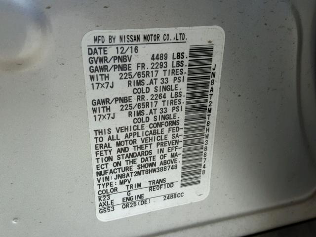 JN8AT2MT8HW388748 - 2017 NISSAN ROGUE S SILVER photo 10