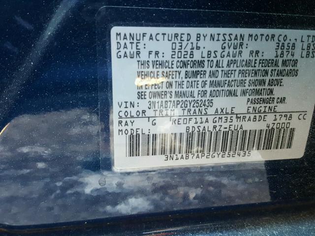 3N1AB7AP2GY252435 - 2016 NISSAN SENTRA S BLUE photo 10